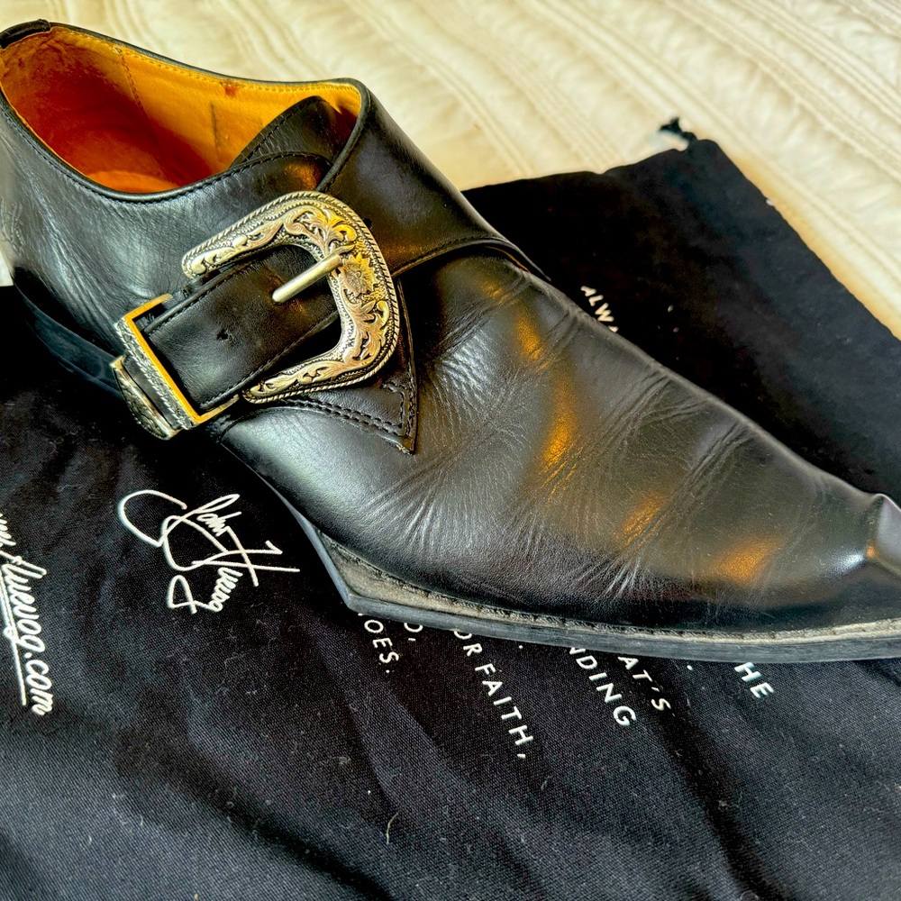 Fluevog Swordfish Dunaway’s, Black, size 13, silver buckles